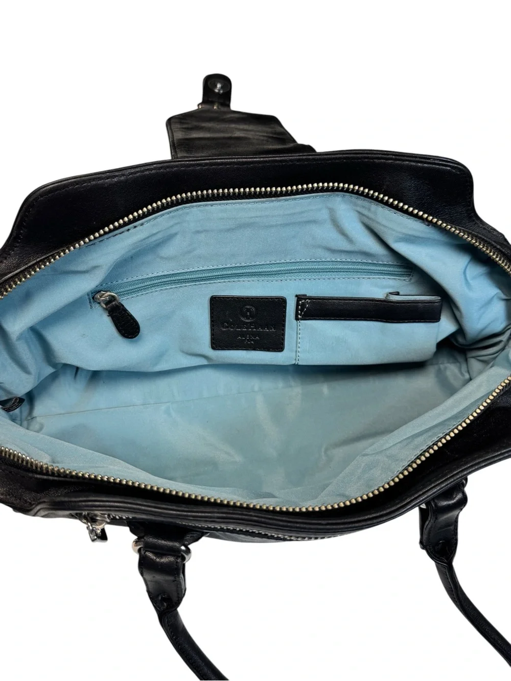 Vintage Y2K Cole Haan Alexa F04 Black Leather Satchel Shoulder Bag Silver Buckle